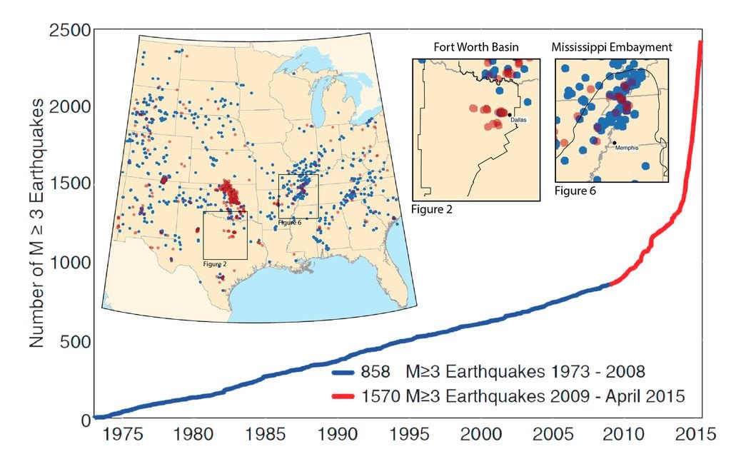 This graphic shows post-2008 seismicity rate change in the central United States. Since...