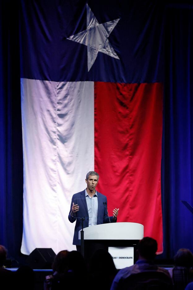 Democratic gubernatorial challenger Beto O'Rourke delivers his speech to delegates and...