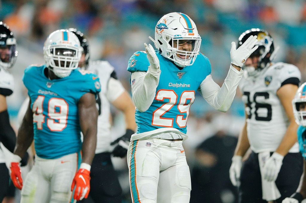 MIAMI, FLORIDA - AUGUST 22:  Minkah Fitzpatrick #29 of the Miami Dolphins celebrates after a...