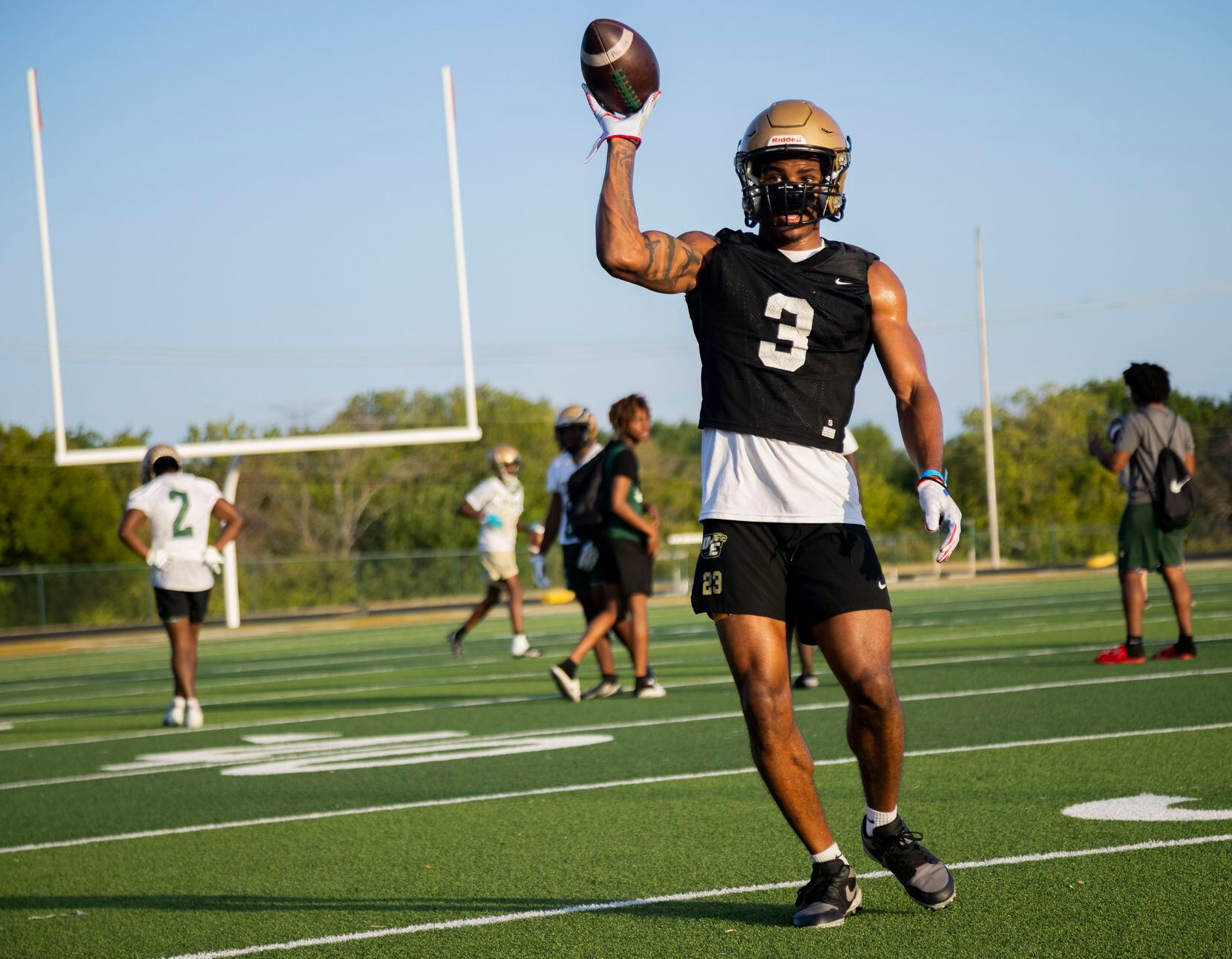 DeSoto football’s defensive back Jaden Milliner-Jones throws the ball back during the first...