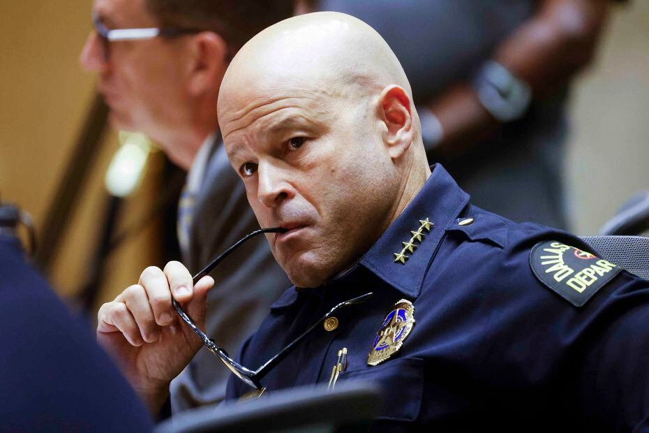 Dallas Chief of Police Eddie Garcia listens during a public-safety committee meeting about...