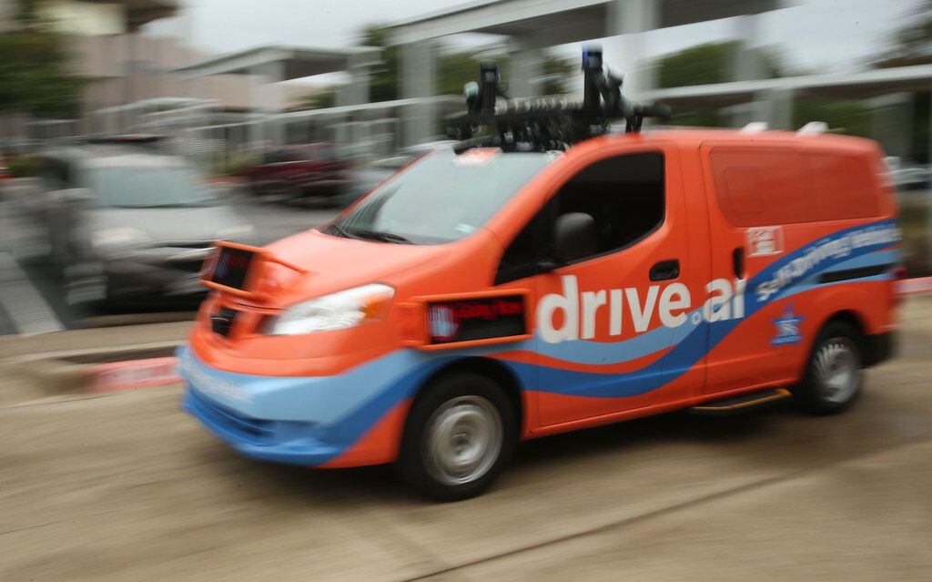 A Drive.ai's self-driving vehicle on the move at the company's media showing of their vehicles in Arlington on Thursday, October 18, 2018. (Daniel Carde/The Dallas Morning News)
