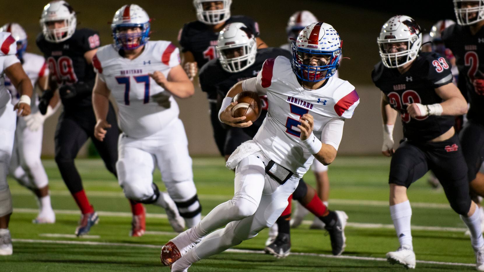 Midlothian Heritage junior Kaden Brown (2) looks to avoid a tackle after getting a first...
