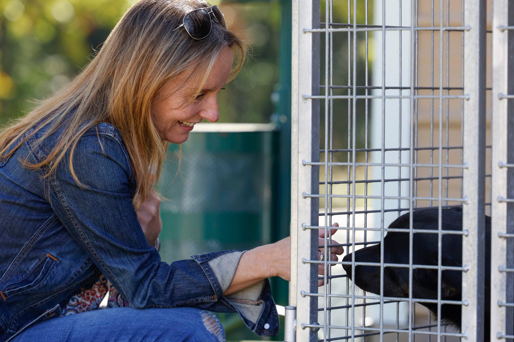 Tracy Ferguson, Chief Development Officer of the Samaritan Inn pets a dog at the center’s...