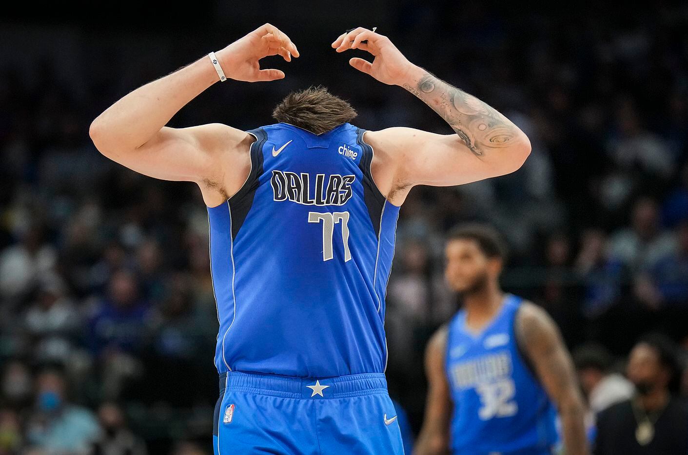Dallas Mavericks guard Luka Doncic (77) reacts after missing a shot a the final buzzer of...