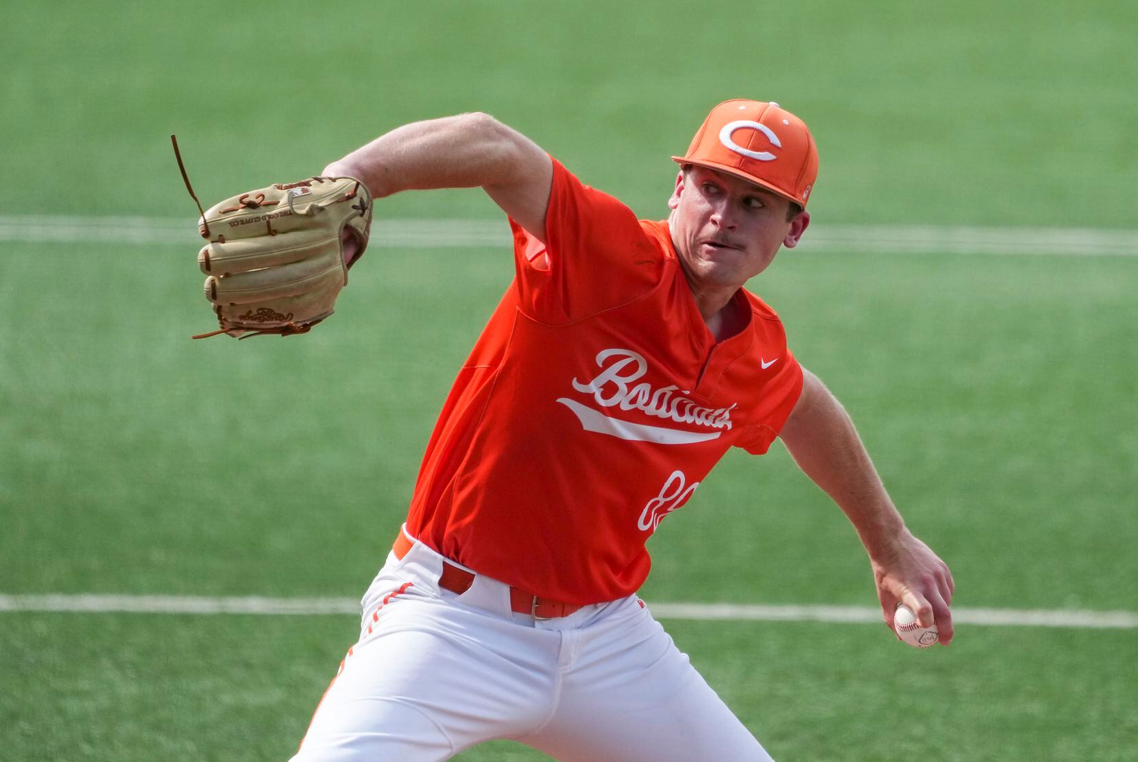 Celina pitcher RJ Ruais delivers during the first inning of a UIL 4A baseball state...