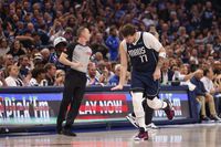 Dallas Mavericks guard Luka Doncic (77) reacts after making a basket over LA Clippers...