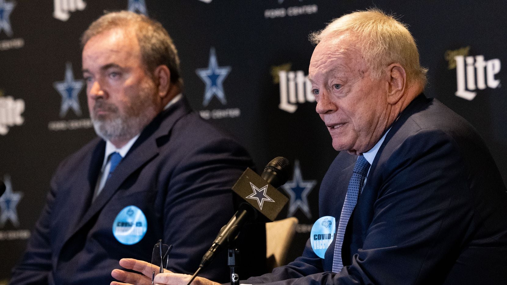 (From left) Coach Mike McCarthy and Dallas Cowboys owner Jerry Jones speak at a press...