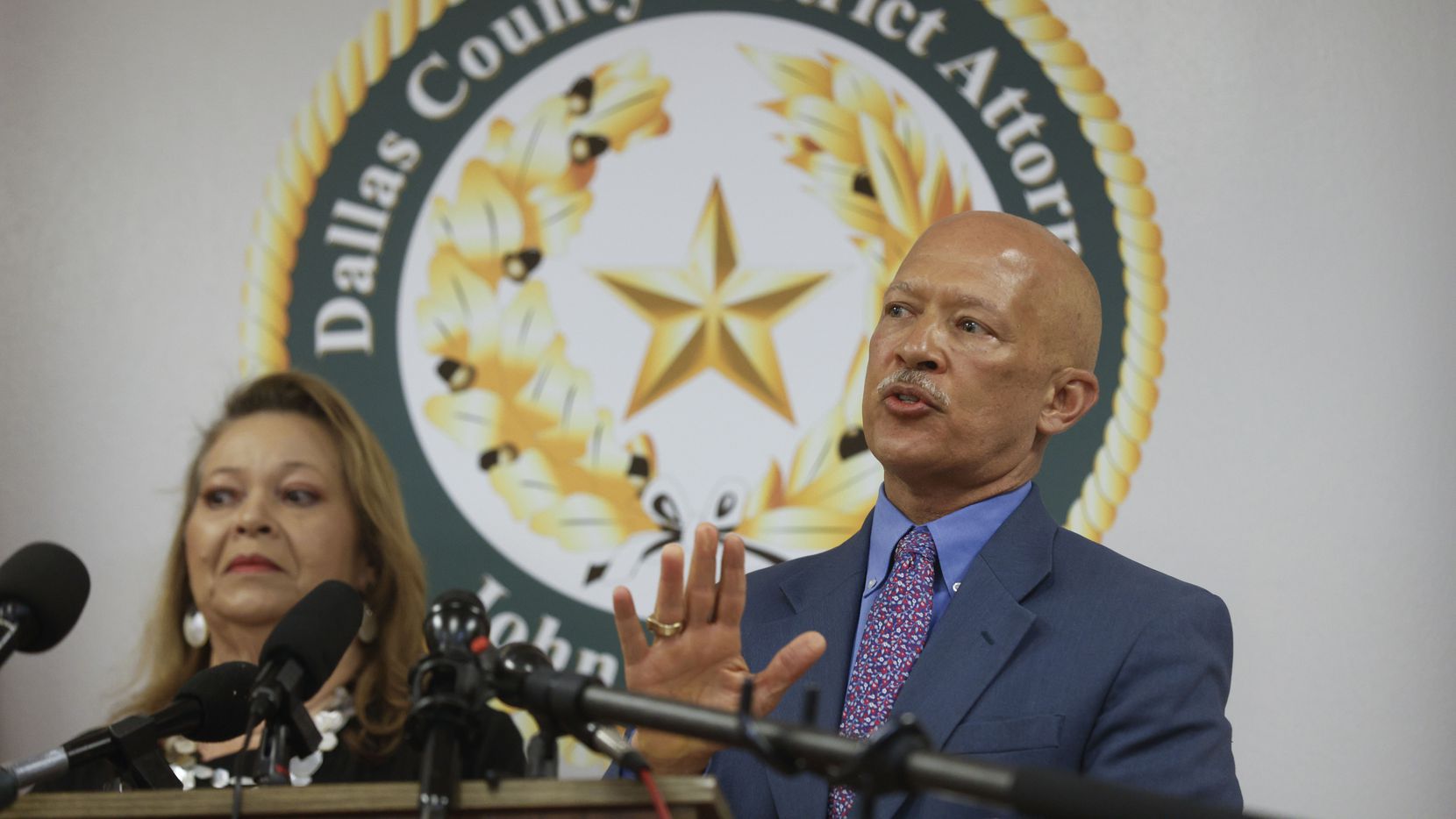 Dallas County District Attorney John Creuzo speaks as the offices of the Dallas County...