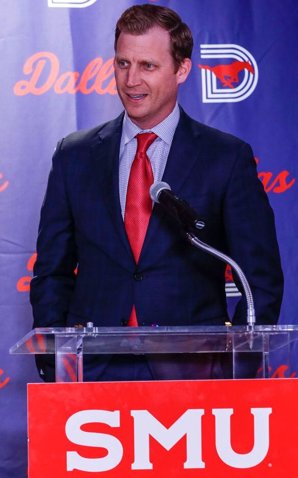 Southern Methodist University's head football coach, Rhett Lashlee speaks at a news conference for the first time at Miller Boulevard Ballroom in Dallas on Tuesday, Nov. 30, 2021. Lashlee was Southern Methodist University's former offensive coordinator football coach in 2018 and 2019 before going to the University of Miami for two seasons. (Rebecca Slezak/The Dallas Morning News)