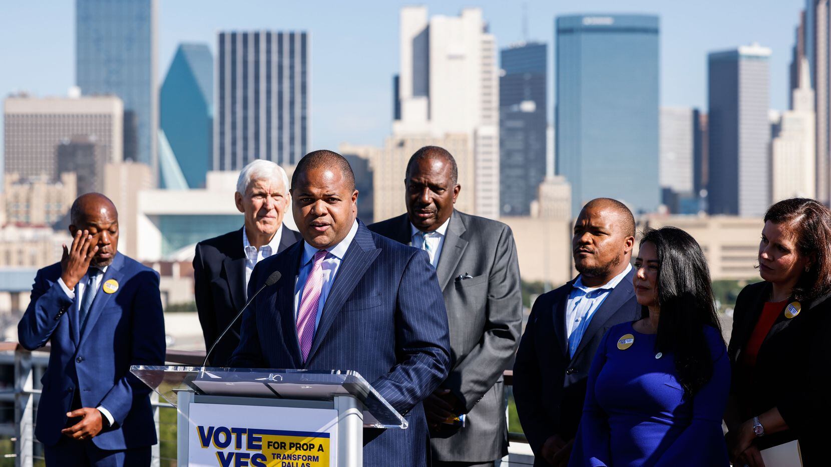 News conference by Dallas Mayor Eric Johnson and other political figures in Dallas on...