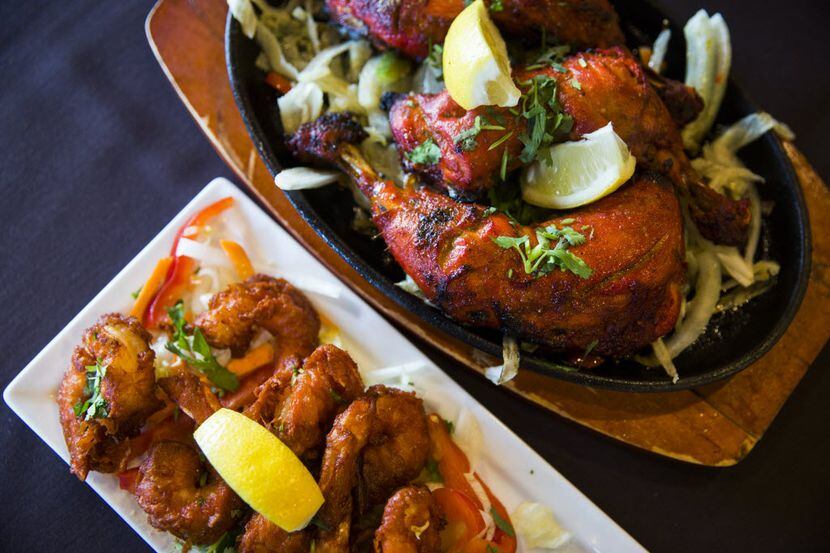 Tandoori chicken (top right) and Shrimp 65 at India Haat, a new Indian restaurant in Addison