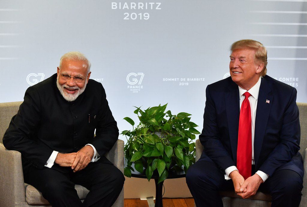 Indian Prime Minister Narendra Modi (left) and  President Donald Trump spoke during a...