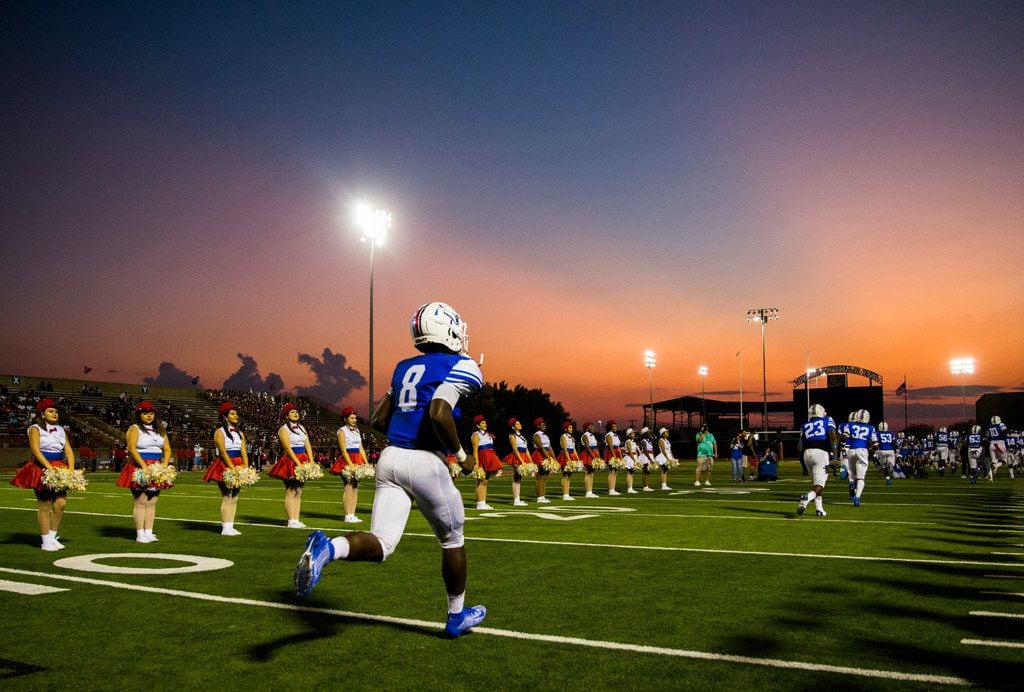 Duncanville linebacker Jadarius Thursby (8) is the last to run on the field before a high school football game between Skyline and Duncanville on Friday, October 4, 2019 at Panther Stadium in Duncanville. (Ashley Landis/The Dallas Morning News)