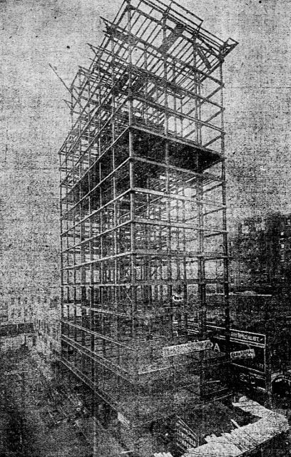 The steel frame of the Praetorian Building under construction. Published March 17, 1907.
