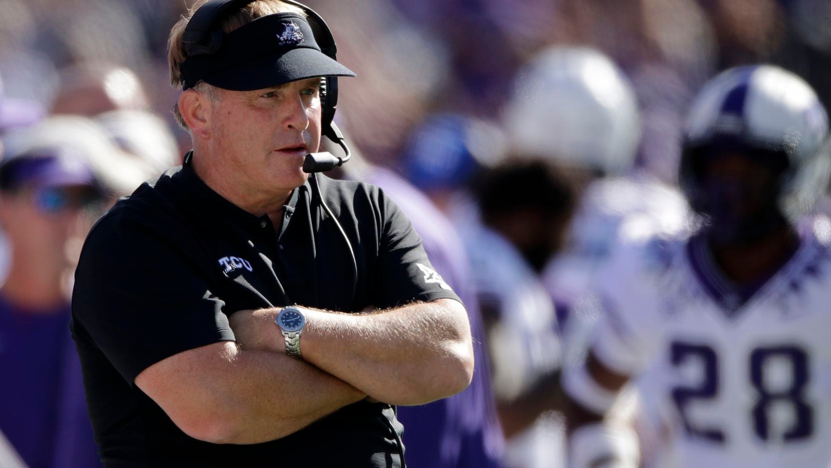 FILE - In this Oct. 19, 2019, file photo, TCU coach Gary Patterson watches during the first...