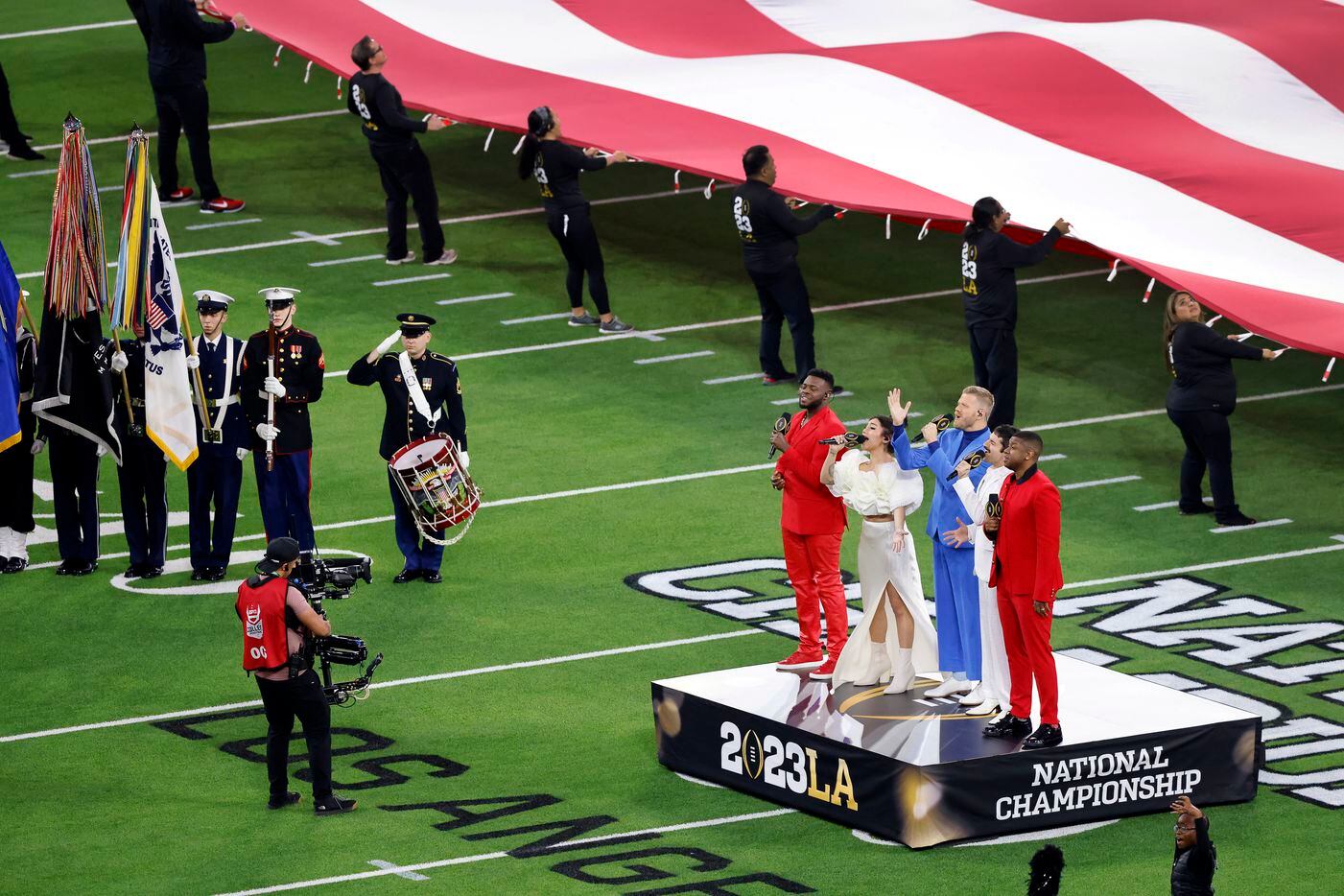 The a cappella group Pentatonix of Arlington ,Texas performs the national anthem before the...
