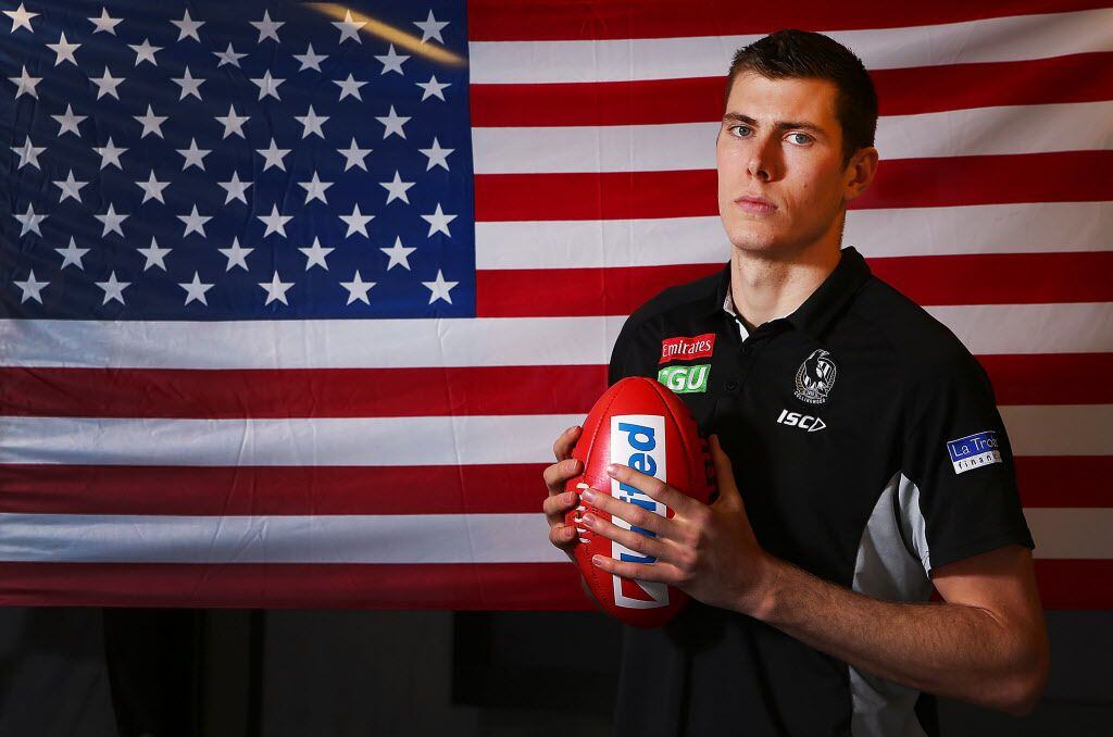 MELBOURNE, AUSTRALIA - SEPTEMBER 24: American Mason Cox of the Magpies poses in front of his...