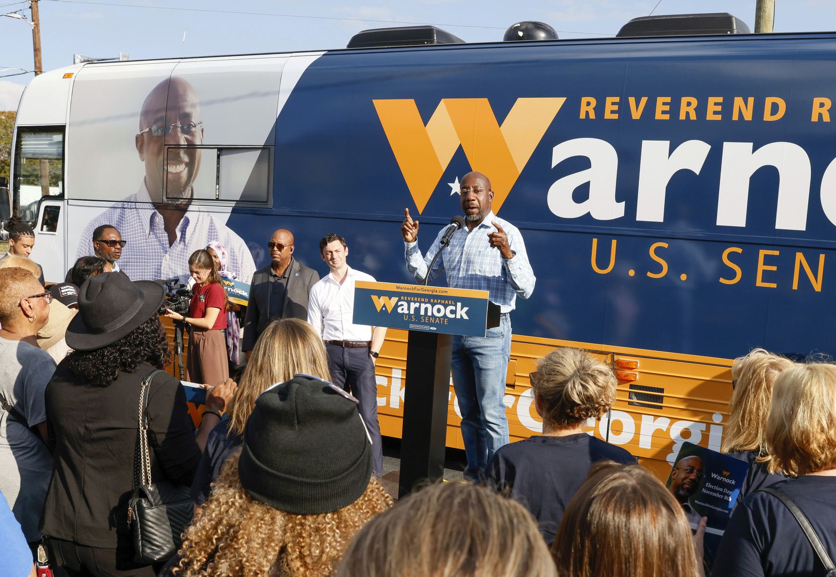 U.S. Sen. Raphael Warnock, D-Ga., speaks at a campaign event in Clarkston, Ga., on Thursday,...