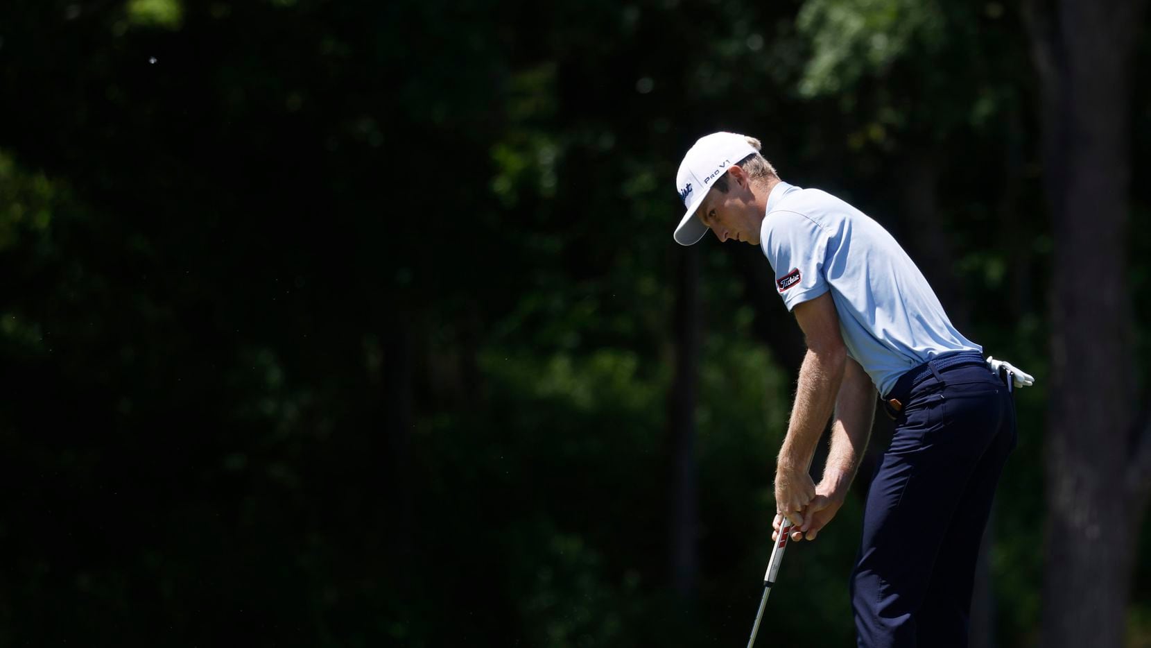 Will Zalatoris watches his putt on the 9th hole during round 1 of the AT&T Byron Nelson at...