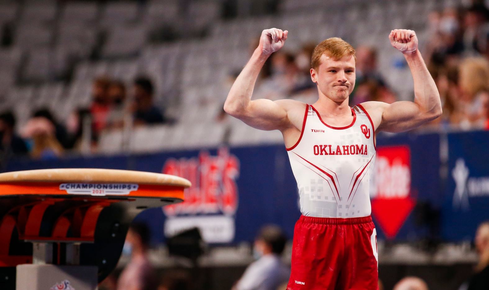 University of Oklahoma's Matt Wenske celebrates after completing the vault during Day 1 of the US gymnastics championships on Thursday, June 3, 2021, at Dickies Arena in Fort Worth. (Juan Figueroa/The Dallas Morning News)