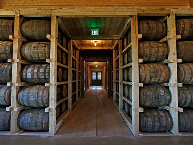 Oak barrels are seen inside the Texas Tavern room at Firestone and Robertson Distillery's...