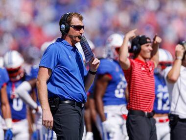 SMU head coach Rhett Lashlee stands on the sideline during the first half of a game against...