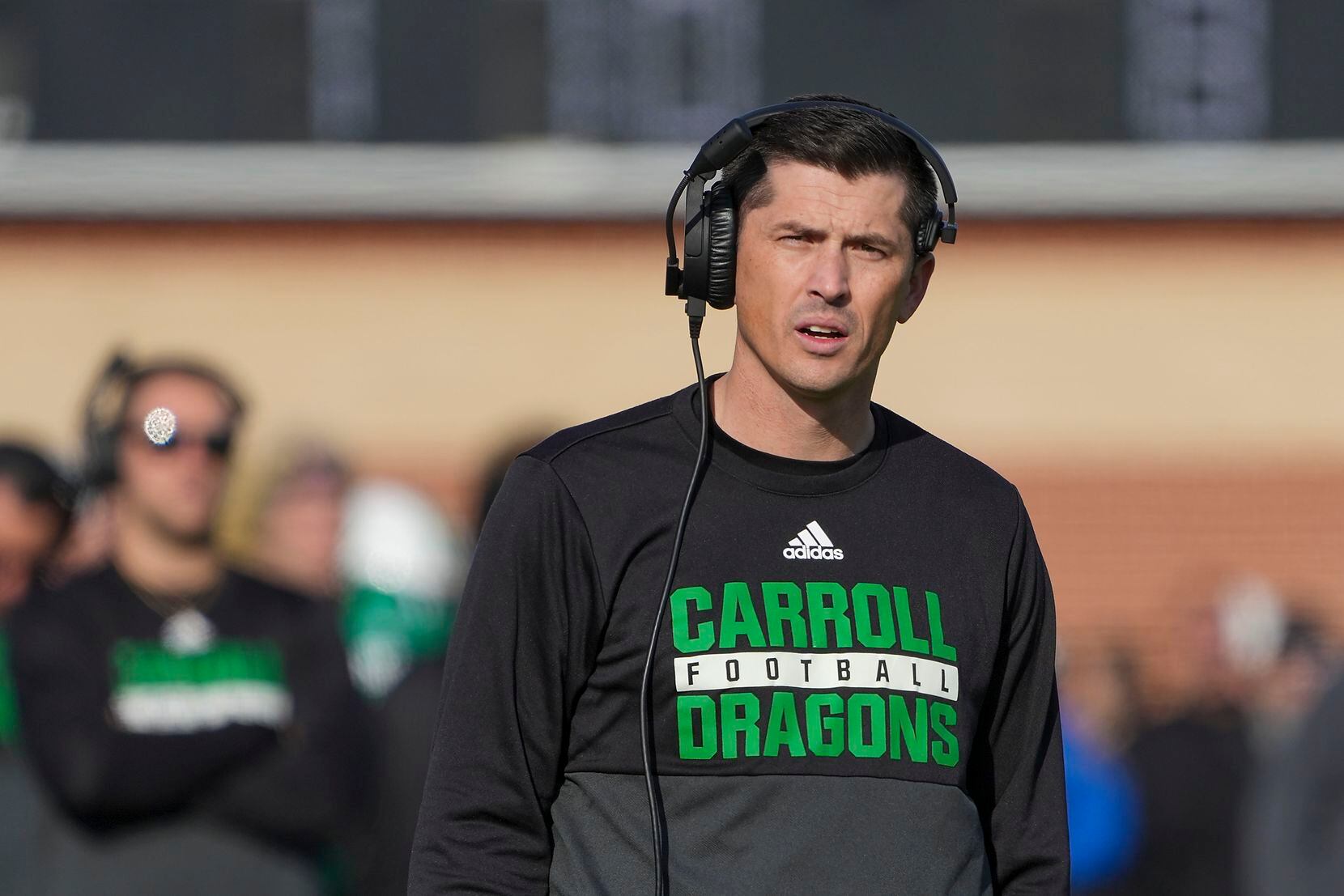 Southlake Carroll head coach Riley Dodge looks on from the sidelines during the first half...