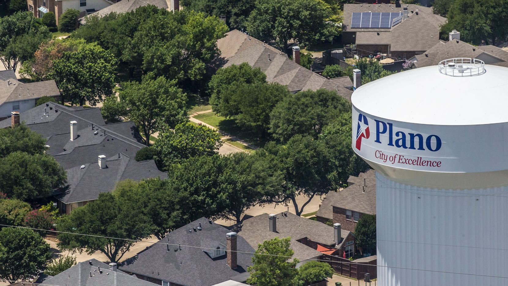 A Plano water tower in Plano, Texas, on Thursday, June 18, 2020. (Lynda M. Gonzalez/The Dallas Morning News)