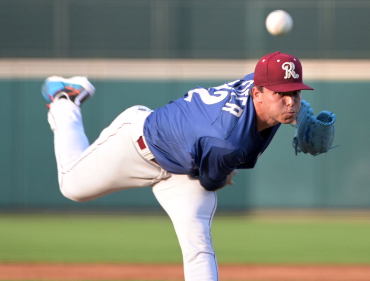 Frisco RoughRiders pitcher Jack Leiter (22) pitches during a minor league baseball game...