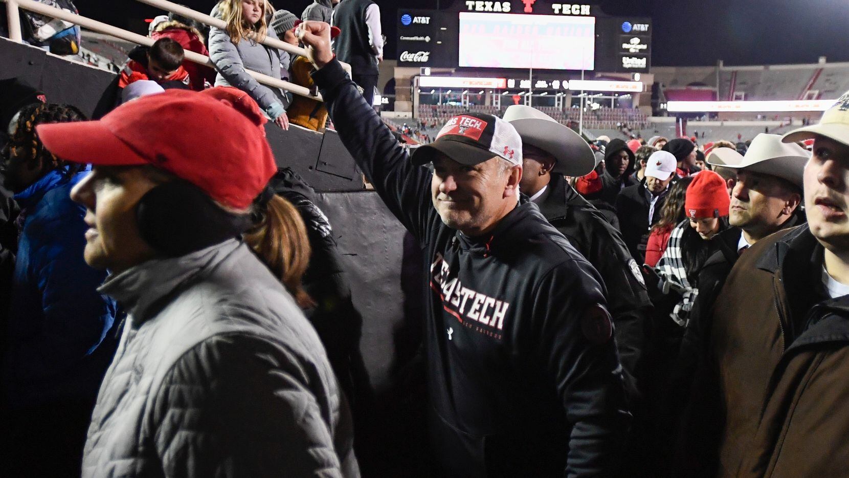 Texas Tech coach Joey McGuire leaves the field after Texas Tech defeated Oklahoma in...