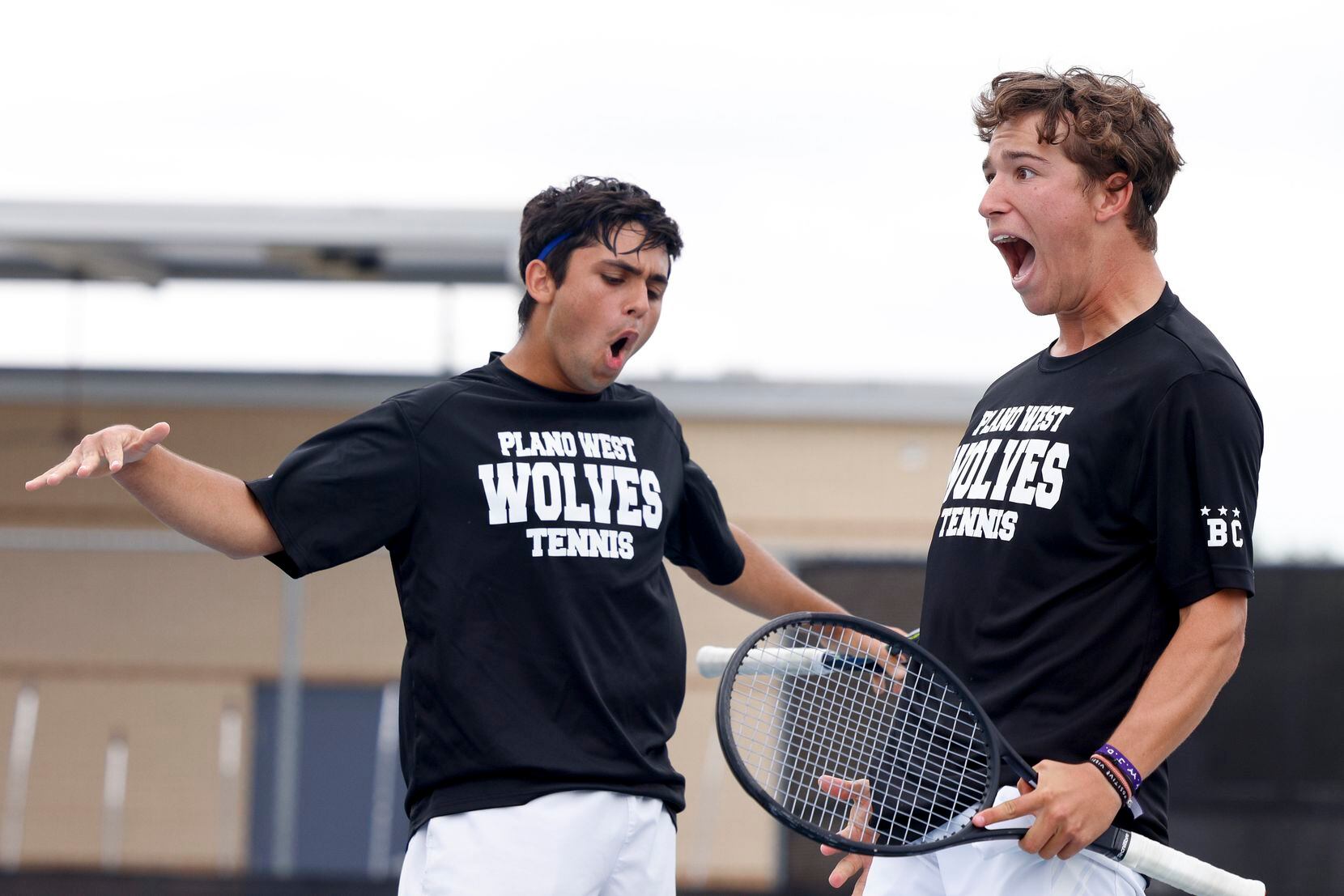Plano West’s Kishan Kersten and Ethan Scribner celebrate a point during the 6A boys doubles...