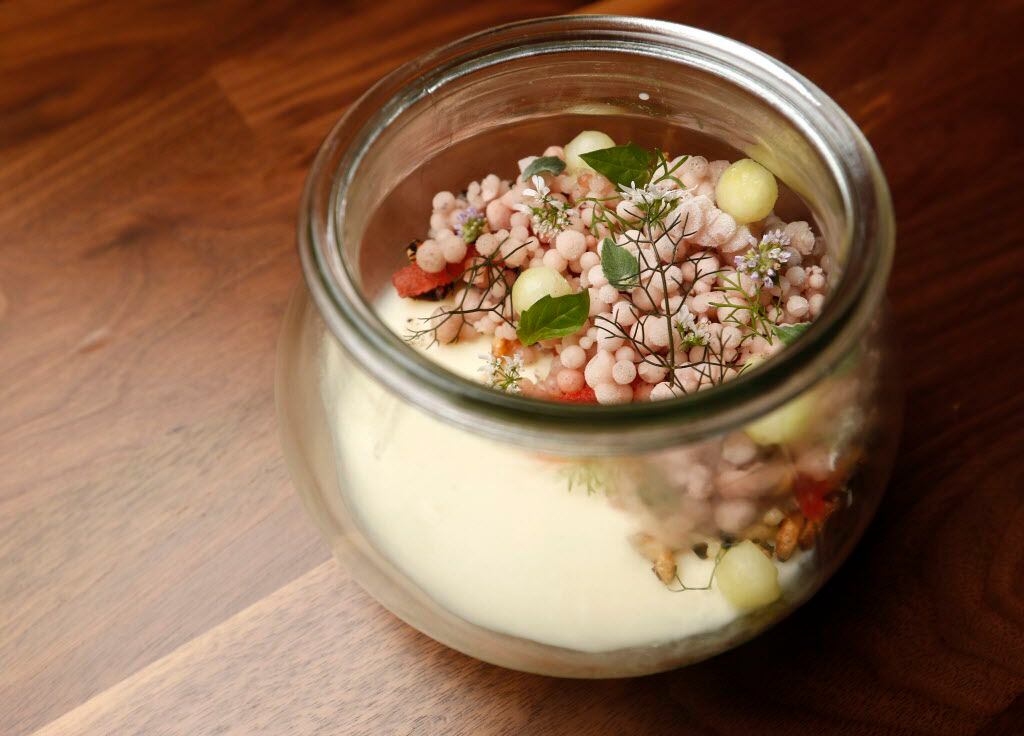 Lime cream with puffed rice, melons and herbs. Pastry chef Andrew Lewis' desserts are no...
