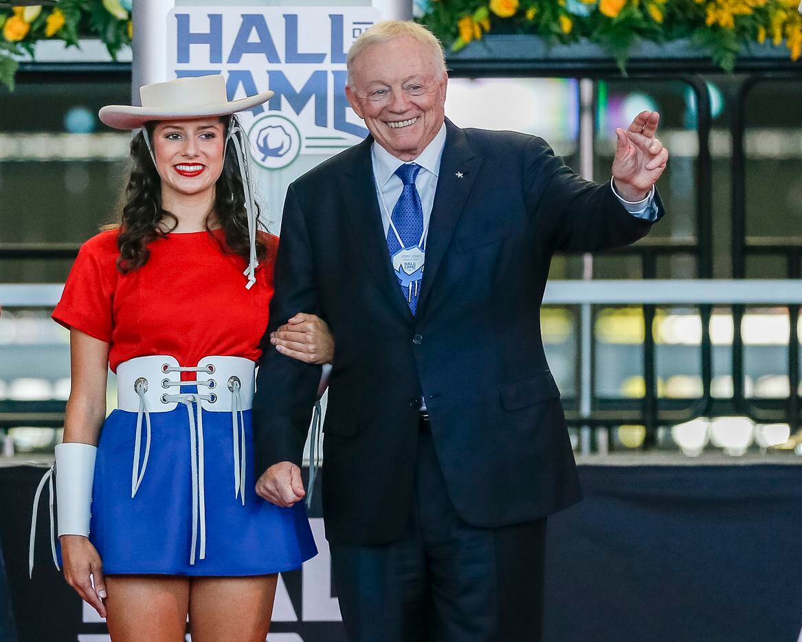 Dallas Cowboys owner Jerry Jones waves to the audience after being introduced during the Cotton Bowl Hall of Fame induction ceremony at AT&T Stadium on Tuesday, Oct. 5, 2021, in Arlington. (Elias Valverde II/The Dallas Morning News)