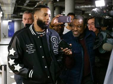 NFL free agent Odell Beckham Jr. (left) talks with The Dallas Morning News’ Dallas Cowboys...