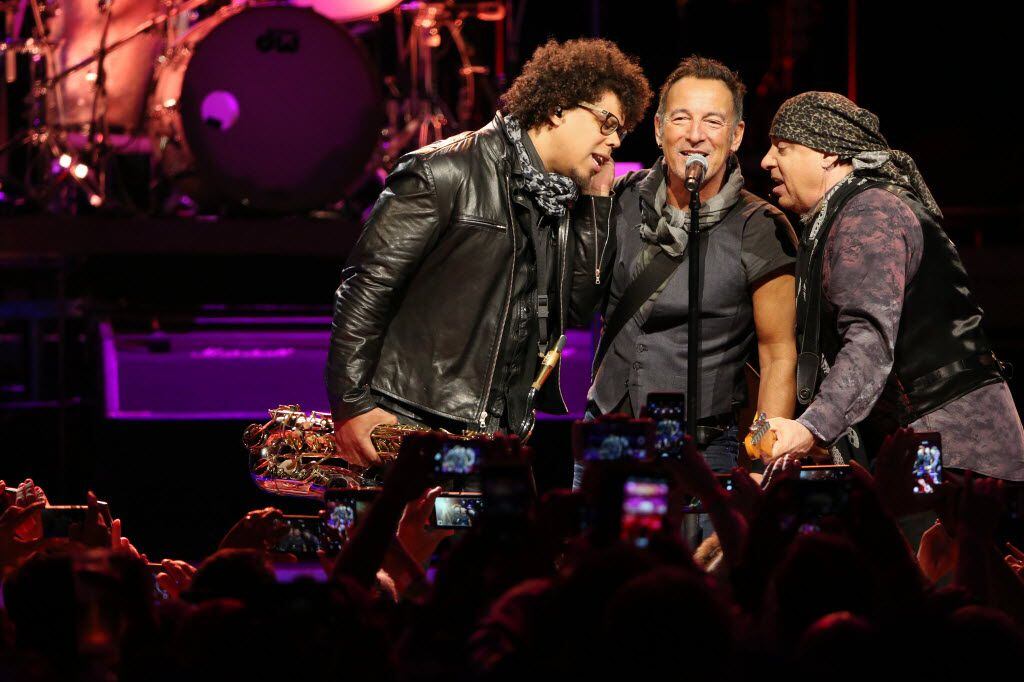 Bruce Springsteen (center) and the E Street Band at the American Airlines Center in Dallas...