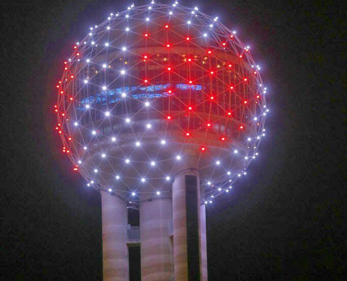 Reunion Tower has a red heart on it for Valentines Day.