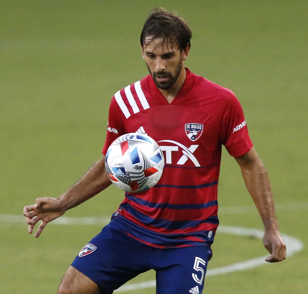 FC Dallas midfielder Facundo Quignon (5) controls a pass during the first half as FC Dallas hosted Sporting Kansas City at Toyota Stadium in Frisco on Saturday evening, August 14, 2021. (Stewart F. House/Special Contributor)