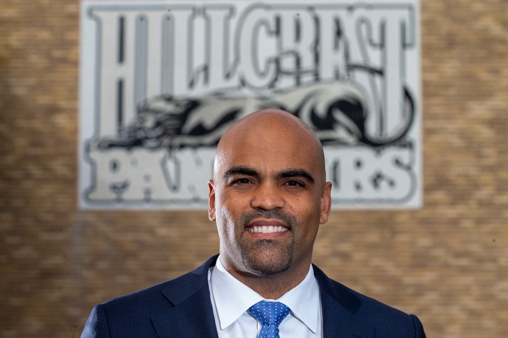 Candidate for US Congress, Colin Allred, poses for a photo at his alma mater, Hillcrest high...