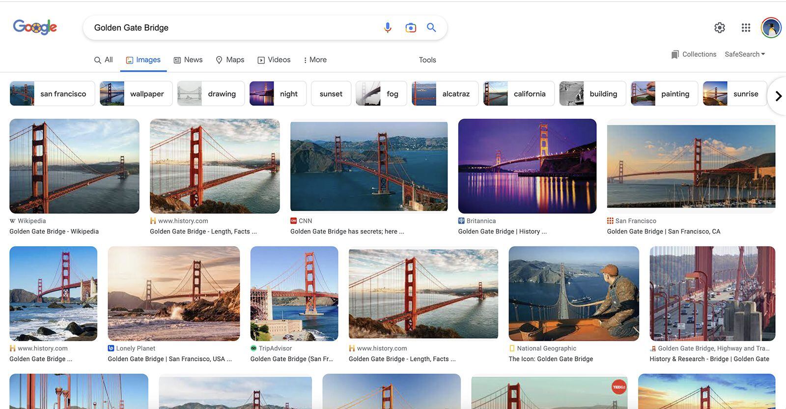 If you want to find pictures of the Golden Gate Bridge, you can search for that term and...