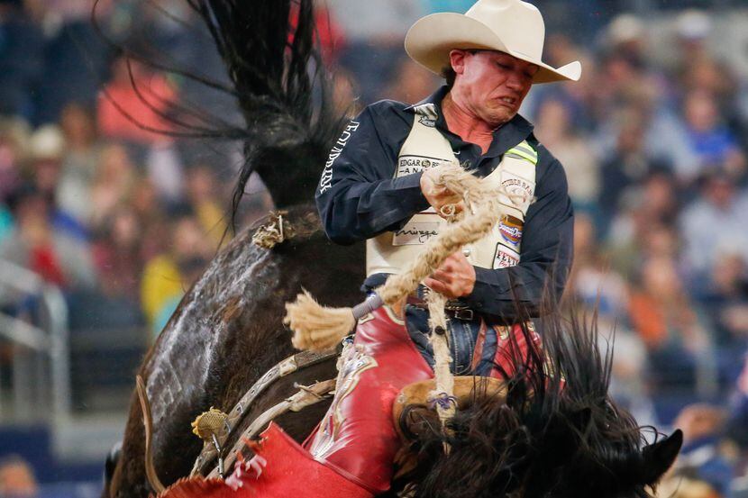 Saddle Bronc rider Cole Elshere competes in RFD-TV's The American Rodeo in 2020.