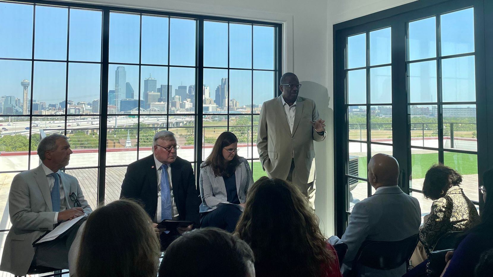 Sen. Royce West (standing) in a meeting with University of Texas leaders on August, 17, 2023.