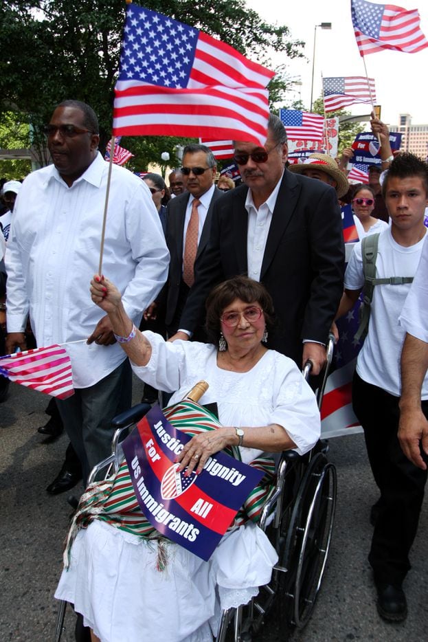 Adelfa Callejo marches with other SB1070 protestors during an Immigration Rally on May 1,...