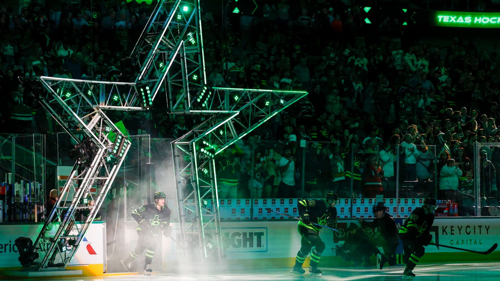 The Dallas Stars take the ice before the first period of an NHL game against the Vancouver...