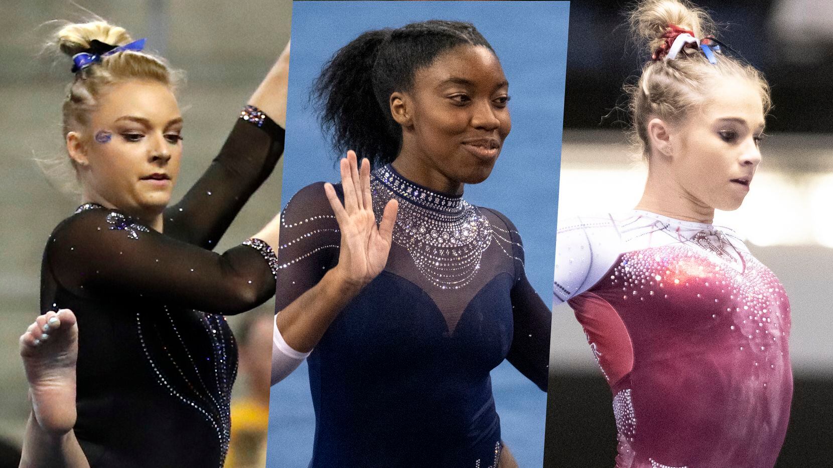Florida's Alyssa Baumann (left), UCLA's Chae Campbell (center) and Oklahoma's Ragan Smith are three of several former North Texas gymnasts competing this weekend at the NCAA gymnastics championships in Fort Worth.