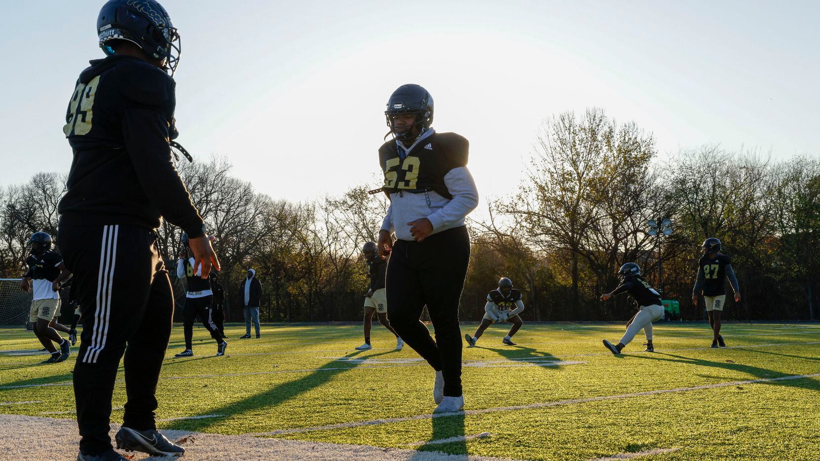 South Oak Cliff players warm-up during practice at South Oak Cliff High School in Dallas on...