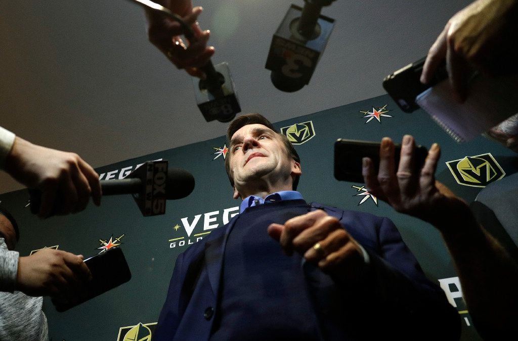 Vegas Golden Knights general manager George McPhee speaks during a news conference...