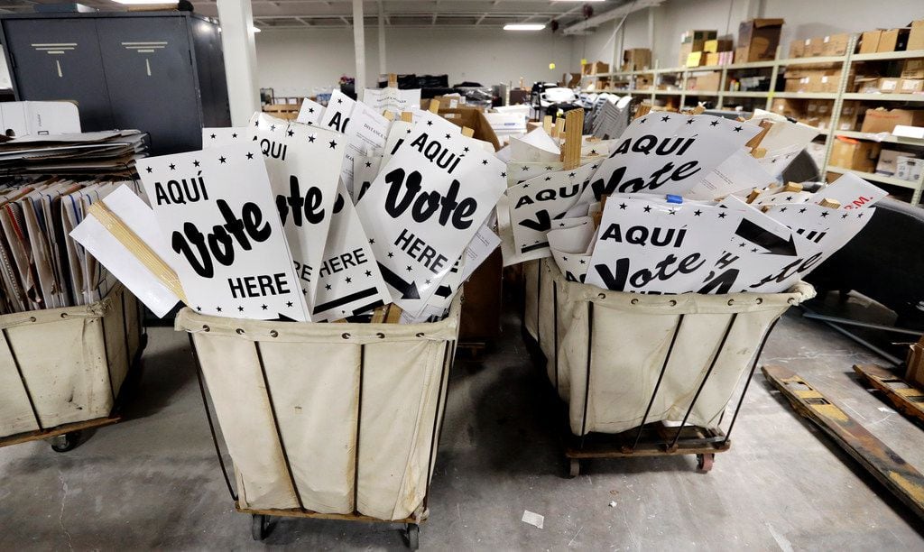 Bins of signs are seen in a storage are at the Bexar County Election offices, Tuesday, Feb....