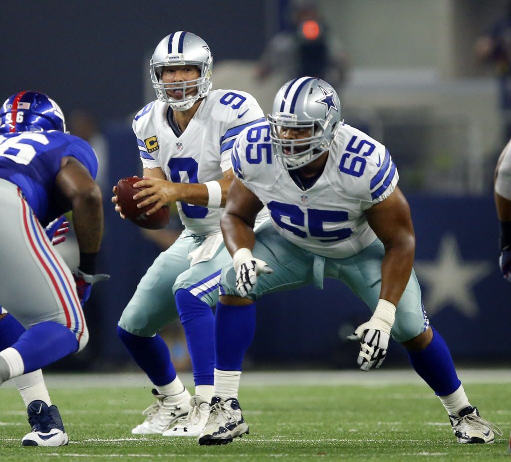 Dallas Cowboys guard Ronald Leary (65) blocks for quarterback Tony Romo (9) in the first...