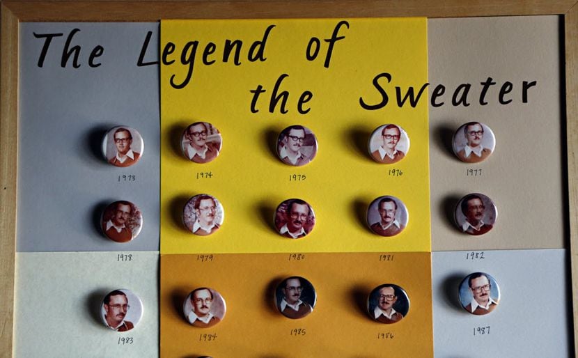 Dale Irby's daughter, Sara Larkin, had buttons made of her father's now famous yearbook...